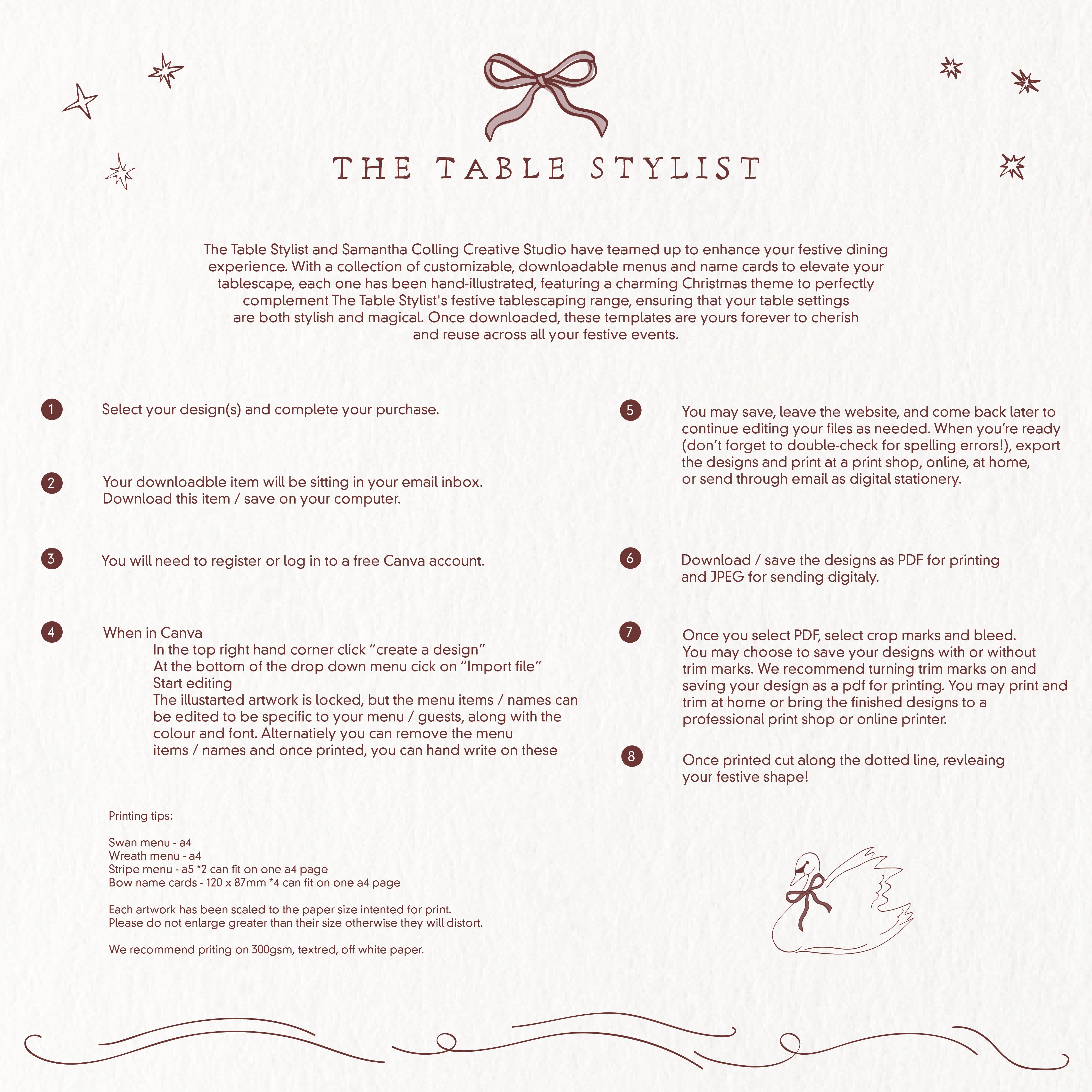 Hand Illustrated Swan Menu