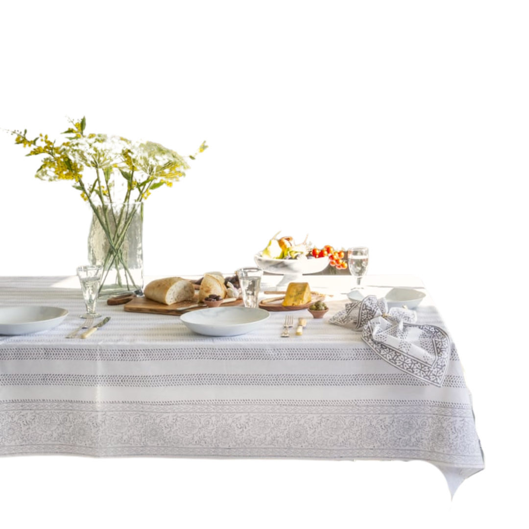 Greige Cotton Hand Block Printed Tablecloth