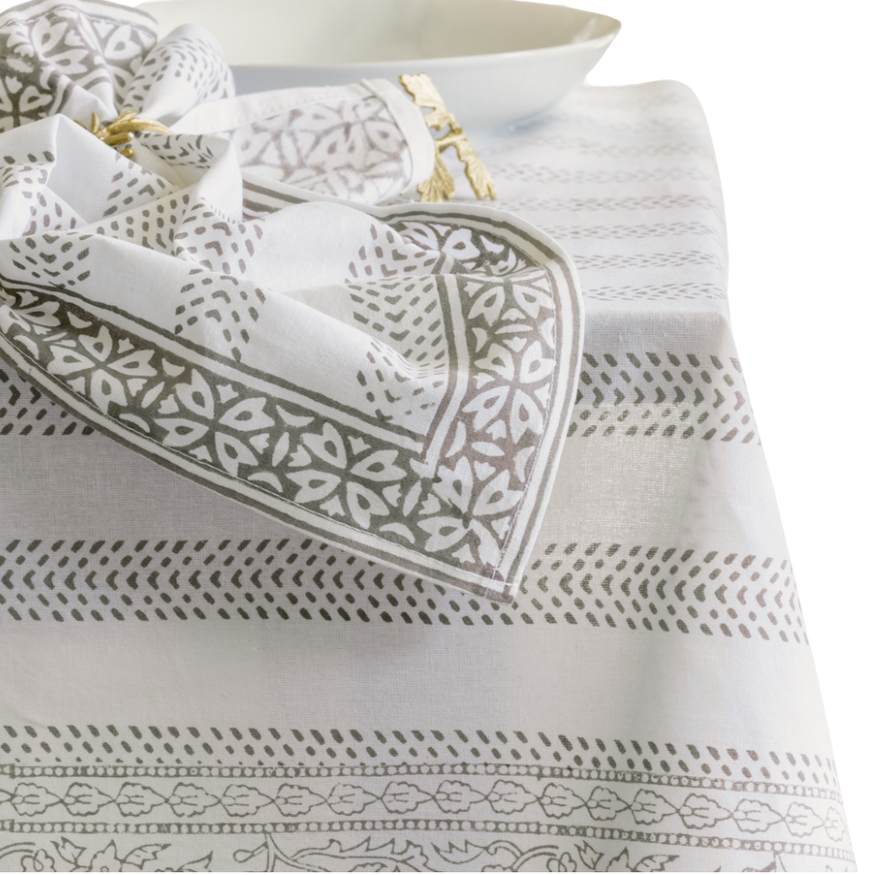 Greige Cotton Hand Block Printed Tablecloth