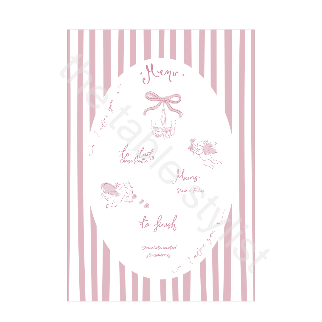 Hand Illustrated Valentines Menu Card Pink