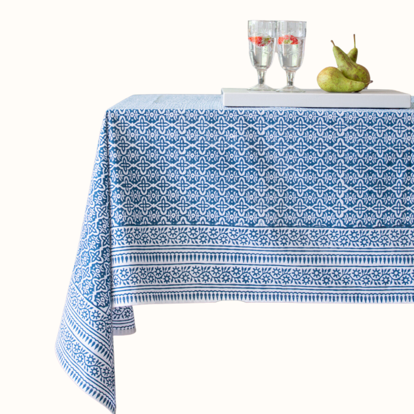 Blue Cotton Hand Block Printed Tablecloth