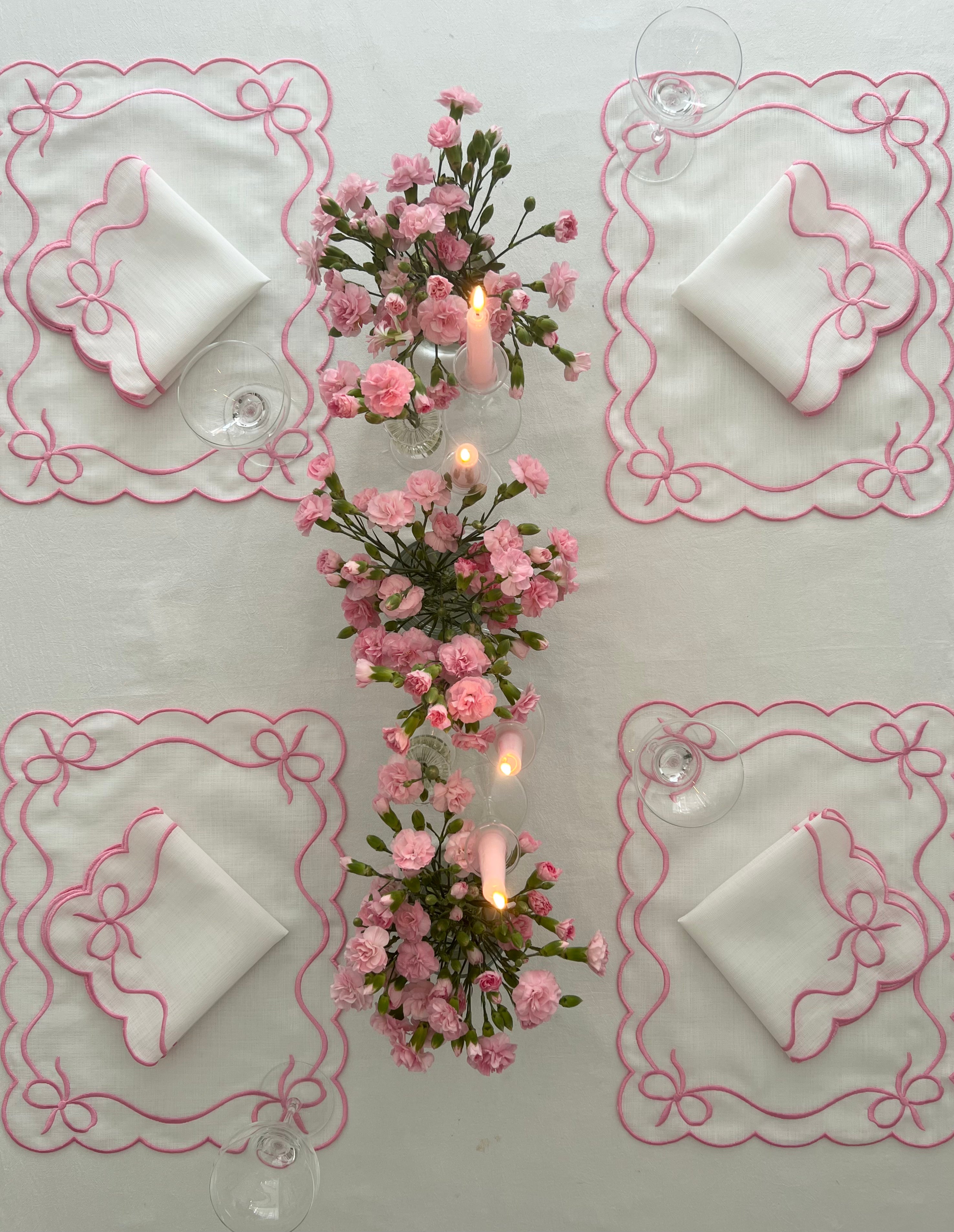 Pink Bow Embroidered Napkin set of two